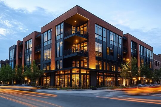modern brick and glass corner building at dusk with warm lit interiors, balconies and streaking car lights conveying an inviting lively evening in an urban neighborhood