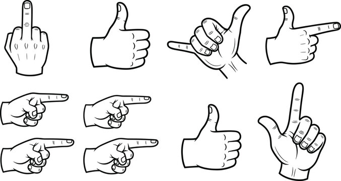 Hand gesture icons set in outline style, pointing fingers thumbs up and expressive signs vector illustration isolated for communication and symbol design