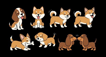 Fototapeta premium Cartoon dogs in various poses beagle, Shiba Inu, corgi, and dachshunds