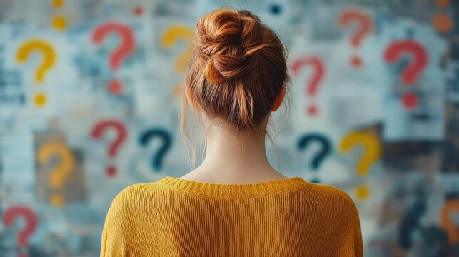 woman with red hair in a messy bun wearing a yellow sweater stands with her back to the camera facing a wall of colorful question marks, conveying confusion and curiosity