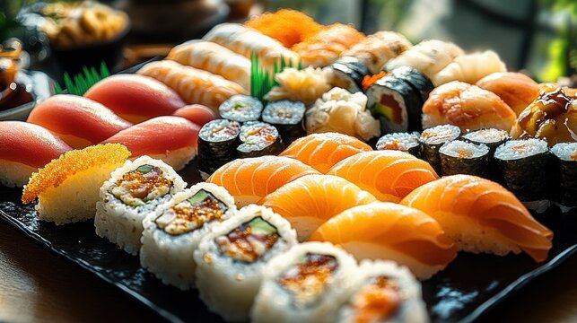 assorted sushi platter with salmon and tuna nigiri, various maki and uramaki rolls topped with bright orange roe, fresh vibrant and appetizing
