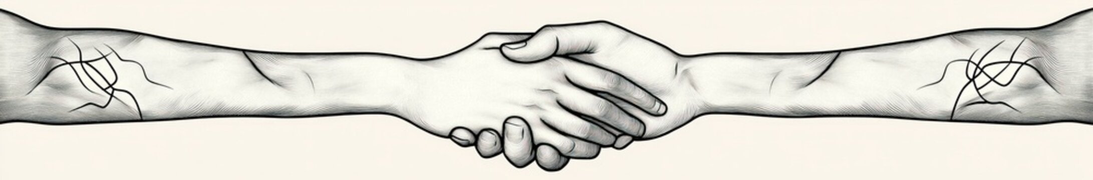 Two hands in a firm handshake across extended forearms with abstract vein-like markings, detailed cross-hatched illustration conveying trust and unity