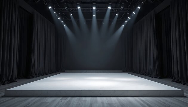 Professional Dark Runway Stage with Bright Spotlights and Black Curtains Interior Fashion Show Event Platform with Marble Texture Floor for Exhibition and Performance Mockup Background