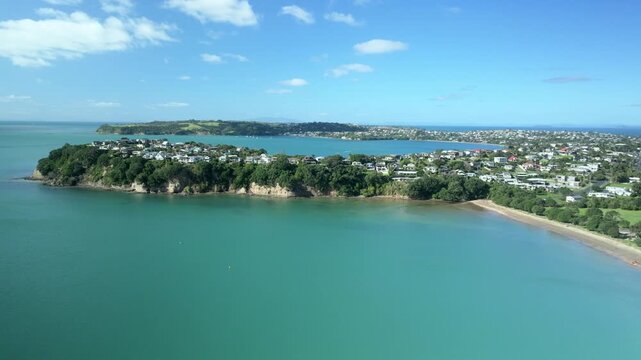 Stanmore Bay Drone Flying Towards Sea with Rangitoto Island