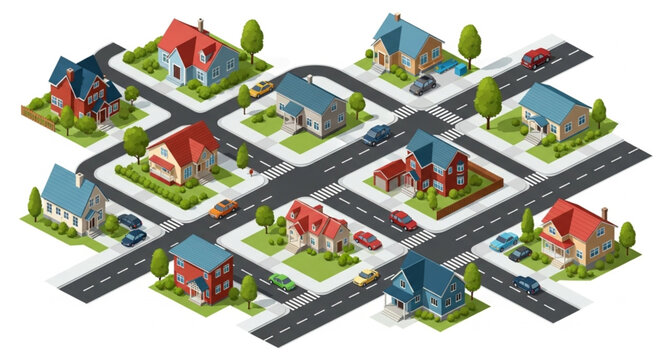 Isometric suburban neighborhood with houses and roads.