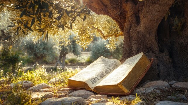 holy book resting under ancient olive tree .