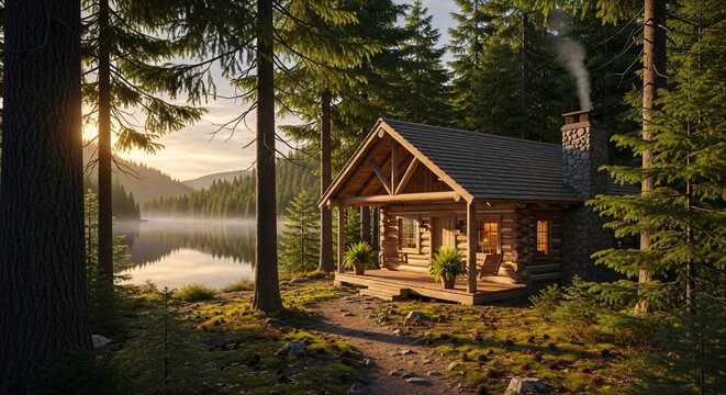 Cozy cabin nestled in a forest near a calm reflective lake