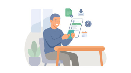 Fototapeta premium Man sitting at desk with phone and money floating icons illustration