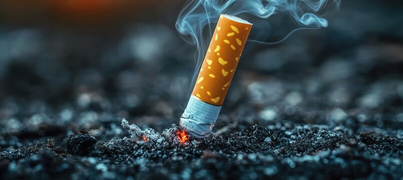 Smoldering cigarette butt stabbed into ash on charred ground with glowing ember and curling smoke, evoking a lonely, somber warning mood