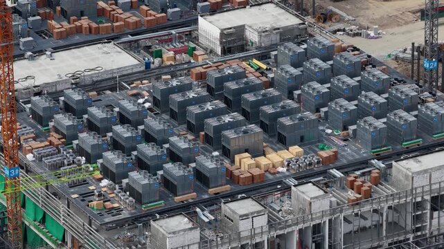Aerial drone video of Data Centre QHI01 hyperscale campus construction in Chonburi, Thailand, within the Eastern Economic Corridor, showing large scale cloud computing, AI infrastructure, and