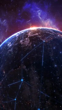 3D 4K Digital Earth globe cyberspace with data flowing neon light stripe. global network communication technology in modern digital age world, hologram dot particle background with copy space. 3D