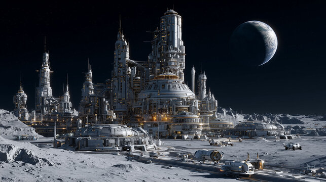 月面着陸から基地建設へと進化する人類の宇宙挑戦を描いた壮大なイメージ