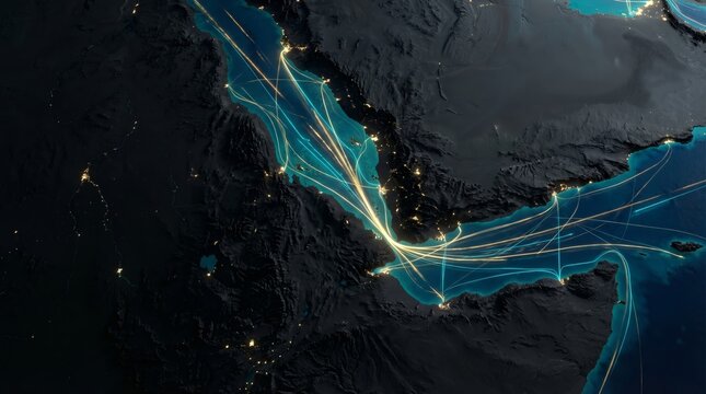 cyber map of the Bab el-Mandeb strait showing glowing maritime shipping lanes and global trade routes