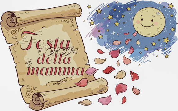 la luna getta petali di rosa sulla pergamena per la festa della mamma