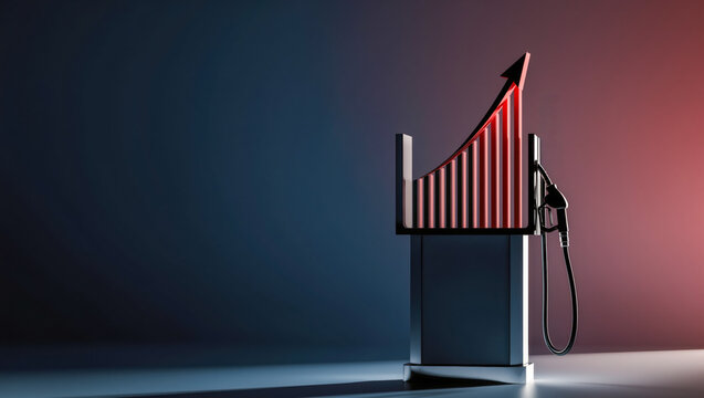 Gas station pump with rising red bar chart on dark background with copy space