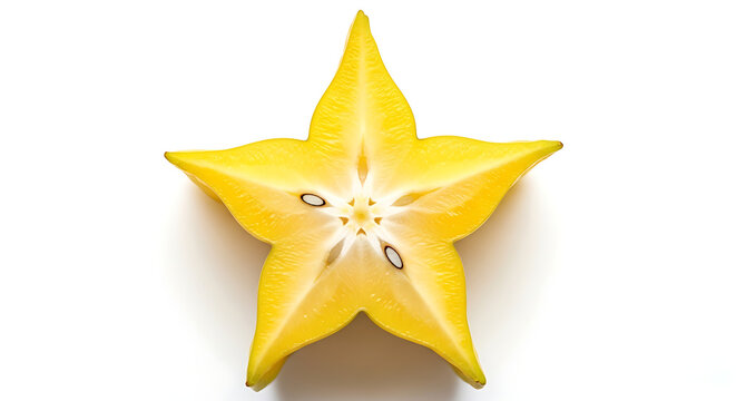 Slice of starfruit with seeds on white background food photography star shape cross section food styling fruit slice starfruit carambola tropical isolated culinary
