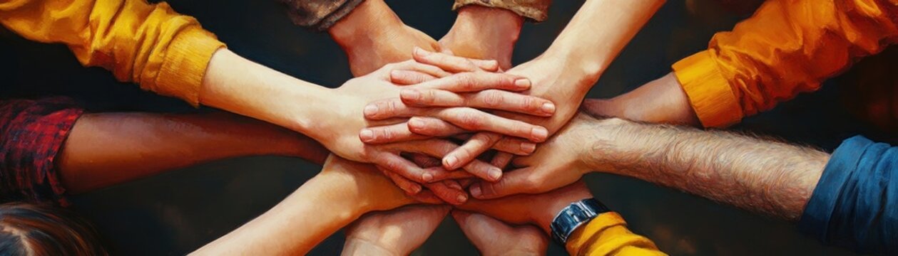 stacked hands of a diverse group with colorful sleeves and a wristwatch, united in teamwork, solidarity and support