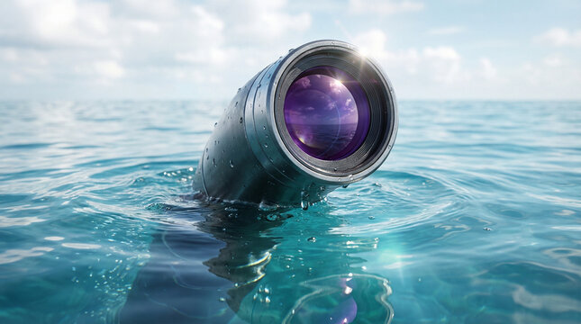 Nuclear submarine periscope surfacing through calm blue ocean, reflecting sunlight under a partly cloudy sky, capturing the stealth and power of naval technology