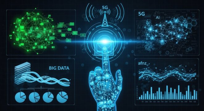 A futuristic interface with a hand interacting with various digital elements, including 5G technology, AI, and big data visualizations.