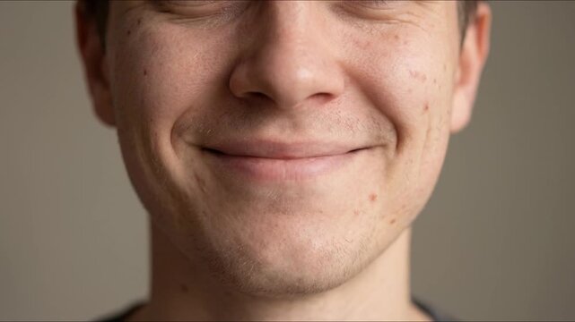 A close-up view capturing the soft smile of a man, with closed eyes, conveying feelings of peace, contentment and optimism.
