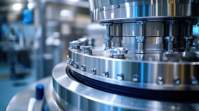 close-up of polished stainless steel industrial machine flange with bolts and seals in a bright sterile factory environment conveying precision and high-tech efficiency