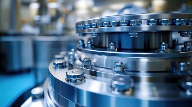 close-up of stacked polished stainless steel flanges and bolts on precision industrial machinery with cool blue lighting conveying sleek, high-tech meticulous engineering