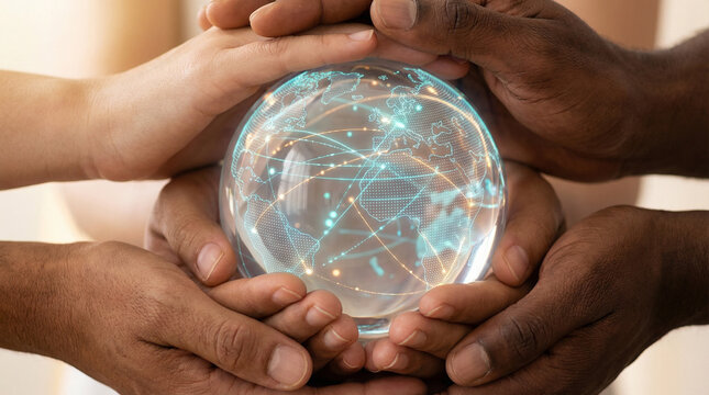Diverse hands holding a glowing globe representing trade block expansion with illuminated network lines, symbolizing global cooperation and economic growth