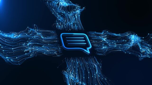 Glowing Chat Bubble Icon High Speed Data Streams futuristic message connected flowing blue fiber optic lines. for telecommunications, social media marketing, instant messaging technology concepts.
