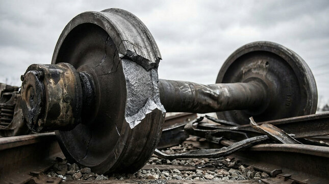 Close-up of a damaged wheel from a cargo train derailment on rusted tracks, under a cloudy sky, showcasing industrial decay and dramatic tension