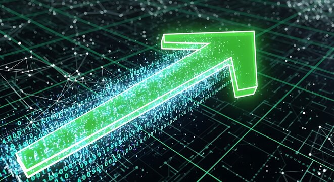 Futuristic glowing green digital arrow with binary code streaming along its path over tech network grid