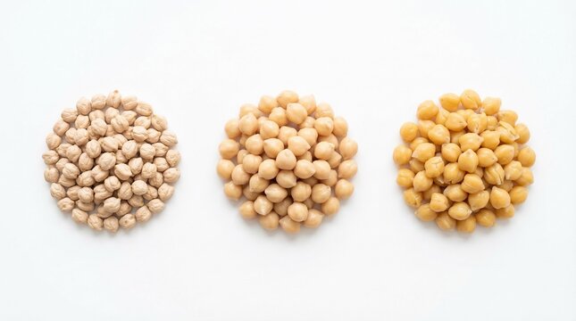 Piles of dry, soaked and boiled chickpeas (Cicer arietinum) on a white background.