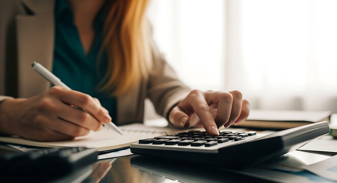 Close-up of a person's hands using a calculator and pen to record financial data on a notebook