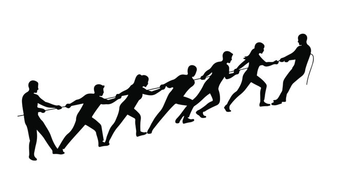 Silhouettes of a diverse team pulling together in a tug-of-war, symbolizing unity and strength
