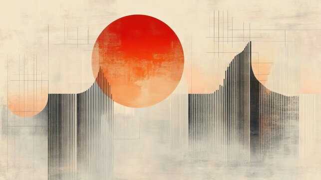 Minimalist abstract composition of vertical striped pillars and a large red sun over a textured pale background, evoking calm meditative serenity