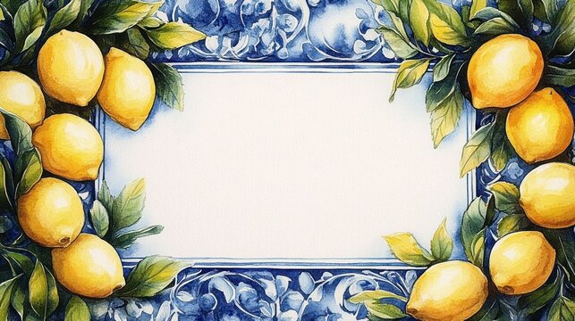 Bright lemon and green leaf border with blue ornamental tile frame surrounding blank white center, cheerful fresh summer citrus illustration