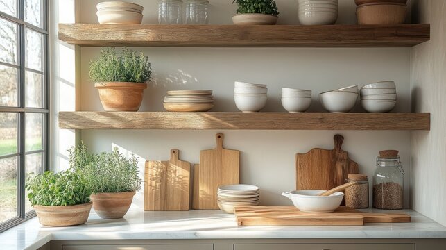 Sunlit rustic kitchen shelves with potted herbs, wooden cutting boards, ceramic bowls, plates and jars on a calm warm countertop
