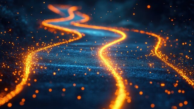 Winding glowing orange particle trails on a wet blue road at night, sparkling and evoking mysterious futuristic wonder