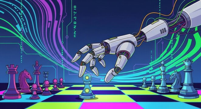 A robot arm reaching for a chessboard with colorful pieces.