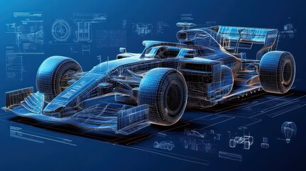 Fototapeta premium detailed wireframe blueprint of an open-wheel racing car with schematics and glowing technical annotations conveying precision and futuristic engineering excitement