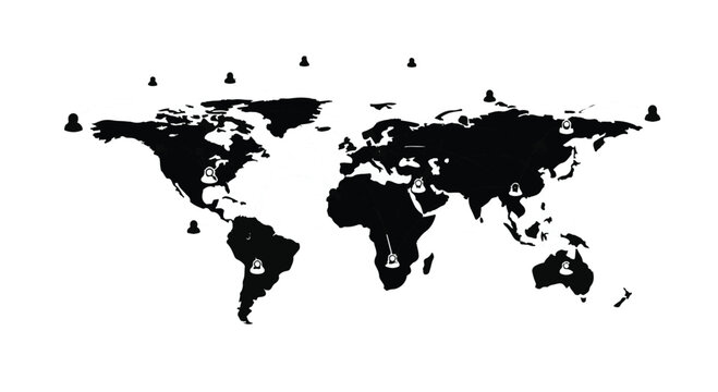 Global network of connections visualized across a world map with scattered human icons.