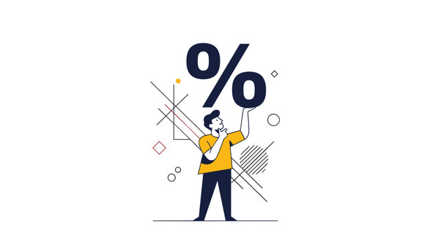 Person standing and holding up a giant percentage sign, representing statistics, interest rates, discounts, or financial data analysis in business.