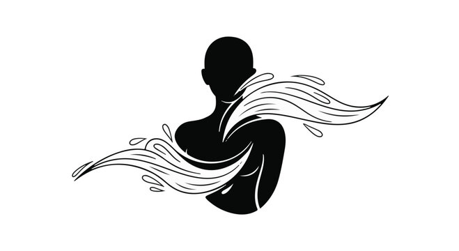 Silhouette of a person with flowing water elements, symbolizing purity and refreshment.