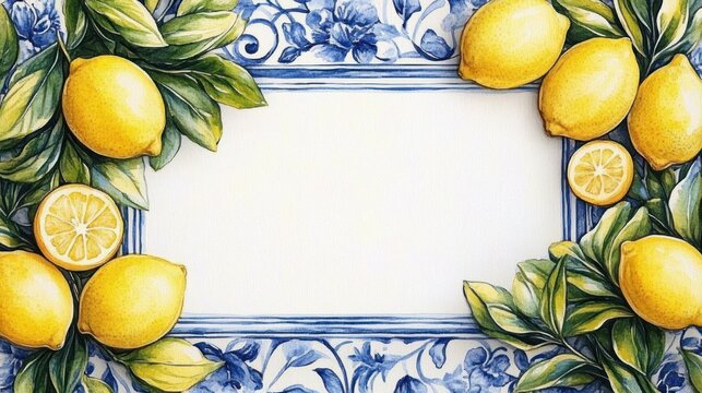 bright yellow lemons and green leaves watercolor frame with blue floral tile border and blank center, fresh cheerful summery mood