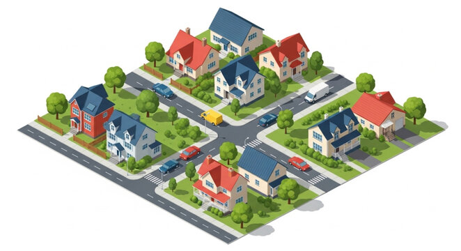 Isometric suburban neighborhood with houses streets and cars.
