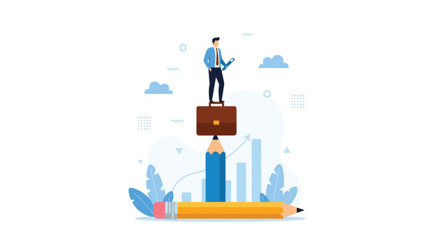 Businessman standing on a briefcase balanced on a giant pencil, representing the foundation of education and skill in professional success.