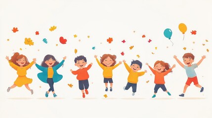 Fototapeta premium Seven joyful children jumping and laughing together under falling autumn leaves and colorful confetti with two balloons, playful and carefree