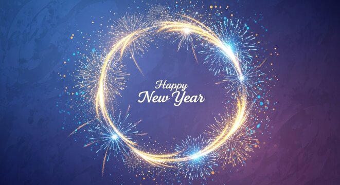 A circular frame of fireworks against a blue and purple background with the words 'Happy New Year' in the center.