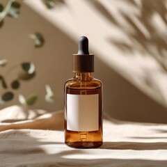 Fototapeta premium amber glass dropper bottle with blank label resting on soft beige fabric, warm sunlight and blurred eucalyptus leaves creating a calm serene atmosphere