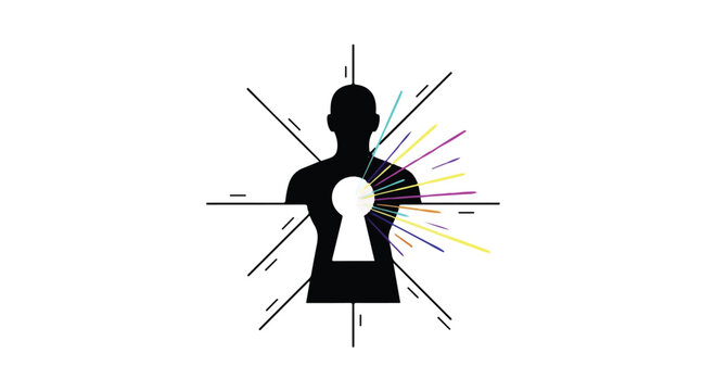 Abstract silhouette of a person with a keyhole revealing colorful radiating lines from the chest.