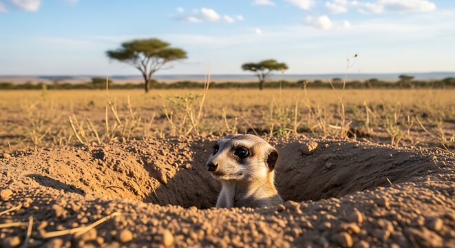Meerkat emerging from burrow in arid African landscape.
